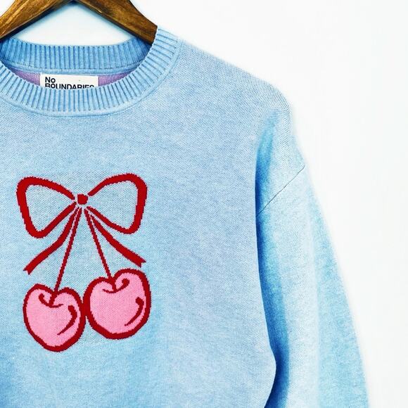 ๐ 3/$10 ๐ No Boundaries Cherry Design Sweater Light Blue Red Size Small - Picture 3 of 13